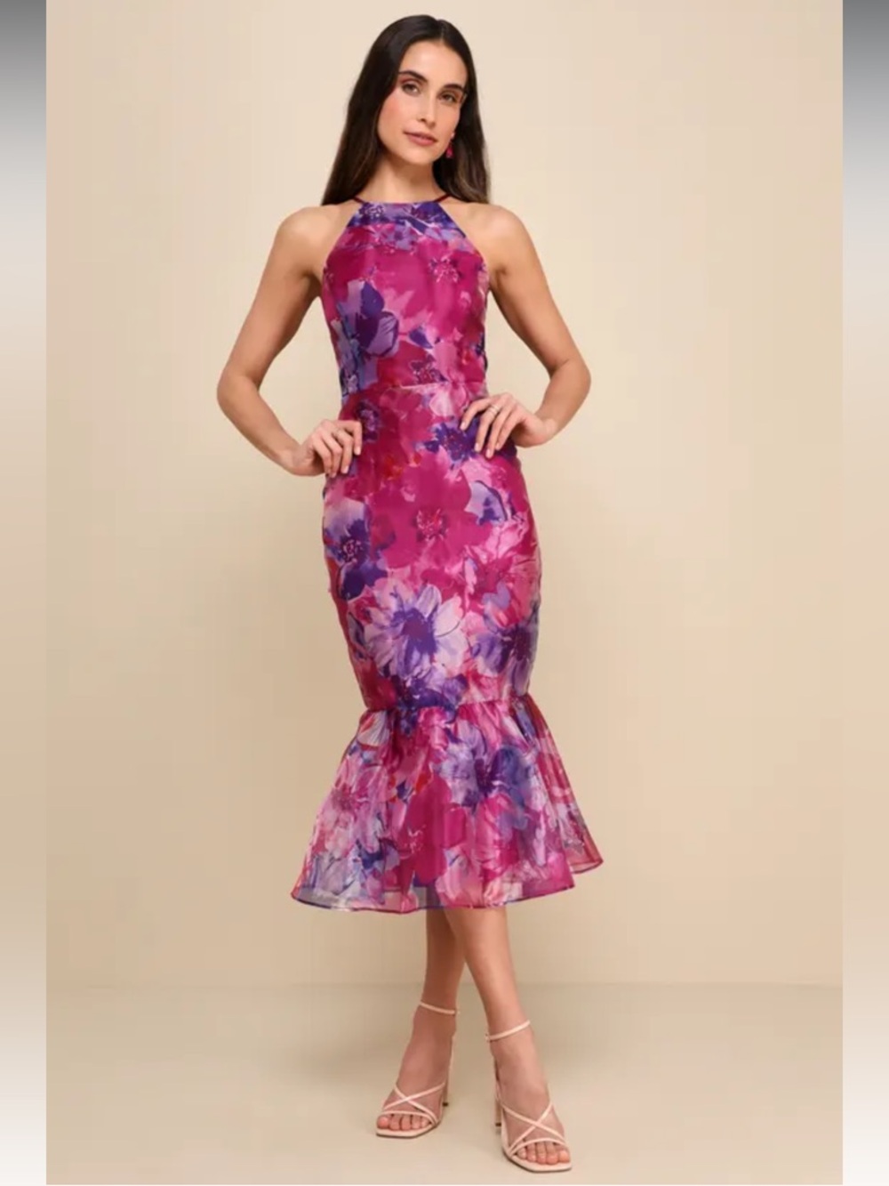 Lulu's Admirable Essence Magenta Floral Organza Trumpet Midi Dress